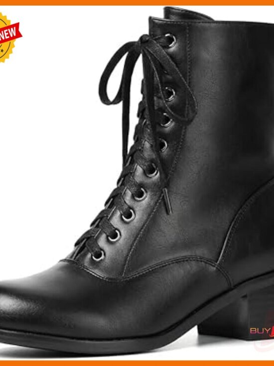 Shoes - Victorian Lace Up Ankle Boots Side Zipper Chunky Heel Round Toe
